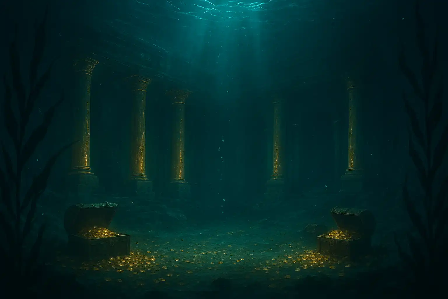 A sunken treasury glowing with gold and turquoise bioluminescence beneath the waves
