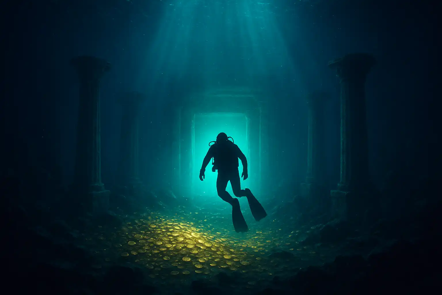 A diver exploring a glowing sunken treasure vault filled with gold coins